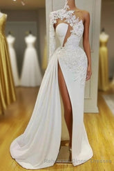 Gorgeous One Shoulder Long Sleeve Semi Formal Prom Dress With Lace Appliques Side Slit